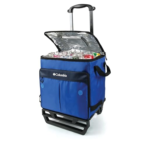 Columbia Crater Peak Wheeled Cooler 50 Can Rolling Cooler - Blue, Collapsible Cooler with Super Foam Insulation & All-Terrain Cart