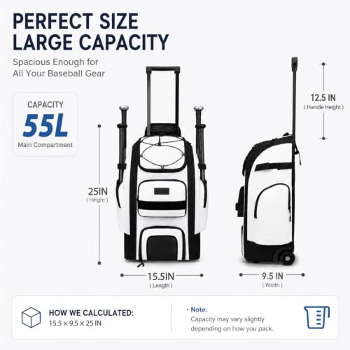 White 55L Wheeled Baseball & Softball Bag with Bat Holders & Ventilated Cleat Compartment