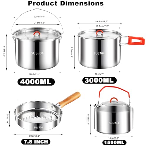Camping Cookware Set 304 Stainless Steel Pots and Pans for Outdoor Cooking