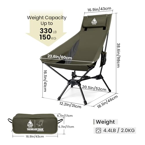 ONETIGRIS Tigerblade High Back Camping Chair with Pillow, Widened Seat, Ranger Green