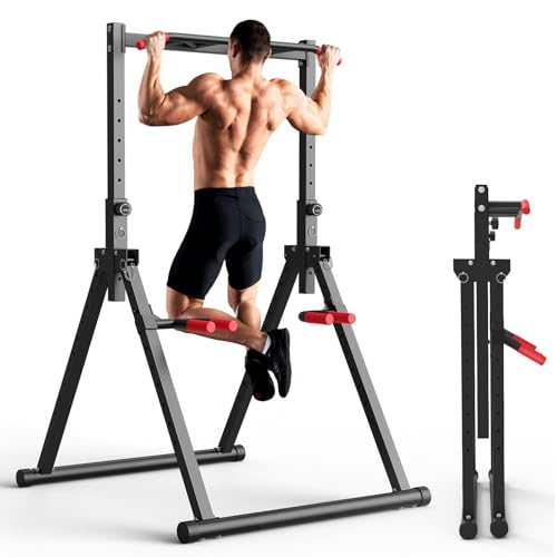 SERTT Black Foldable Power Tower for Pull Ups Dips & Push Ups - Adjustable Home Gym Equipment