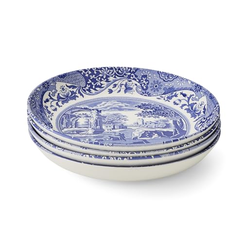 Spode Blue Italian Pasta Bowls Set of 4, 9-Inch Earthenware Serving Bowls with Oriental Border