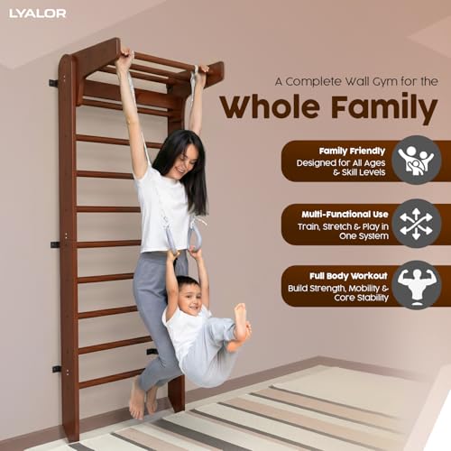 Walnut Swedish Ladder Wall Bars with Adjustable Pull-Up & Dip Station