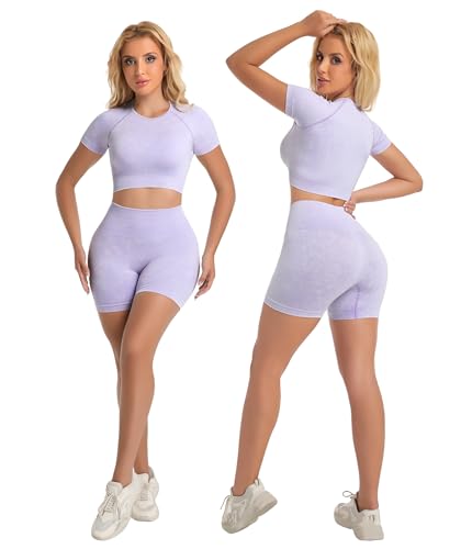 Women’s Acid Wash Workout Sets - Purple Medium, Crop Top & Running Shorts