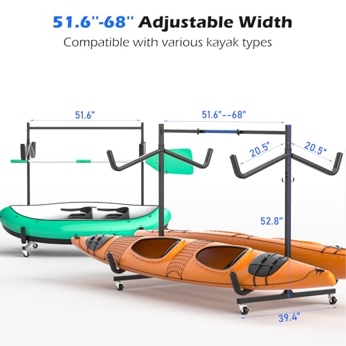 LLDDHHWW 4-Kayak Freestanding Storage Rack with Wheels, Adjustable Steel Canoe & Paddle Organizer