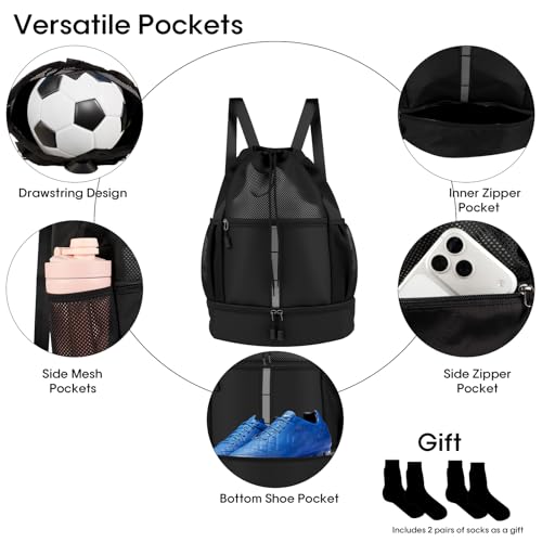 Large Capacity Soccer & Basketball Drawstring Backpack with Shoe Compartment
