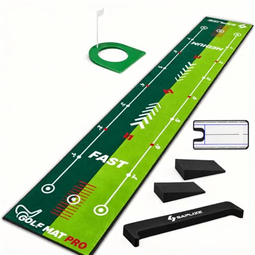 SAPLIZE Two-Speed Golf Practice Mat with Alignment Mirror, 20 in X 10 ft Training Aid Mat, Anti-Slip Backing Golf Putting Green for Indoor/Outdoor