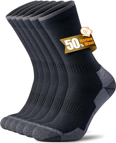 X-Large Merino Wool Hiking Socks - 3 Pairs Black Seamless Toe Cushion