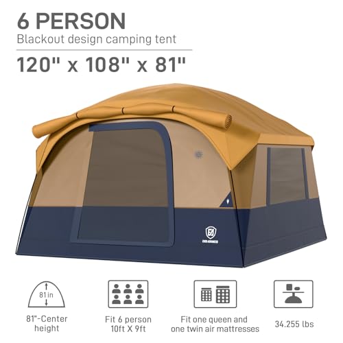 6 Person Camping Tent with Large Vestibule & Blackout Coating - Orange & Black