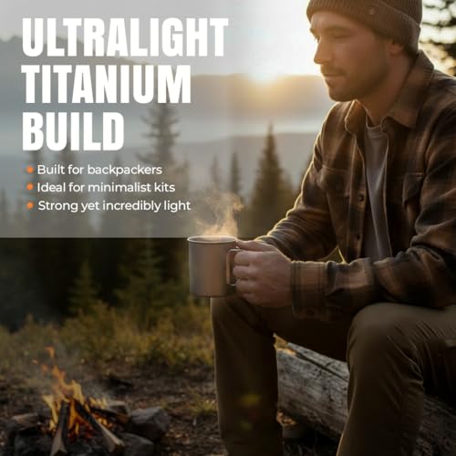 Titanium Camping Mug 15 oz - Ultra Lightweight, Fire Safe, Folding Handle