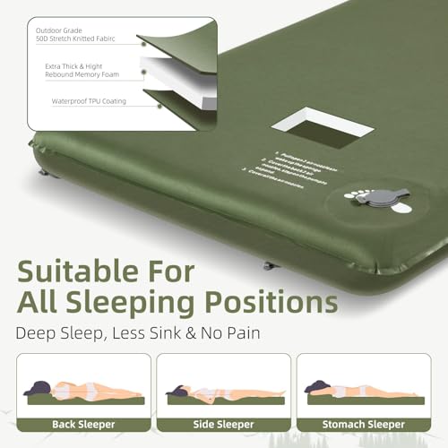 Wevelel Ultra-Thick Memory Foam Sleeping Pad - Military Yellow, 3.1 Inch Supportive Camping Mattress with Pillow
