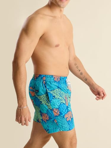 Men's Swim Trunks with Boxer Brief Liner - 5.5 Inch, Large Coral Quarrels, UPF 50+