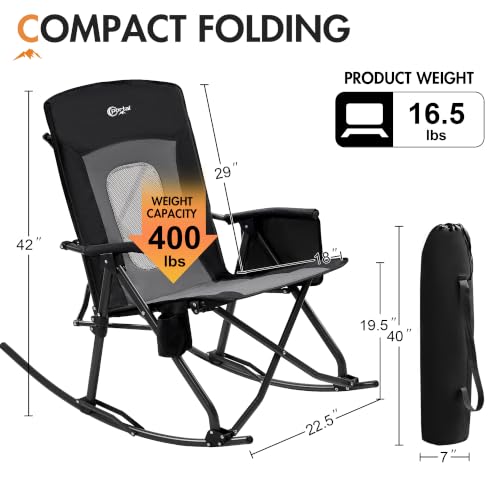 Portal Oversized Folding Rocking Camping Chair 400 lbs Mesh Back Grey/Black