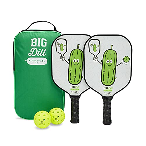 Big Dill Pickleball Paddle Set Fiberglass 2-Pack with Outdoor Balls & Carry Bag