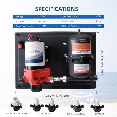 RV Water Pump with Accumulator Tank System - 12V DC, 3.0 GPM, 45 PSI, 0.75L Tank