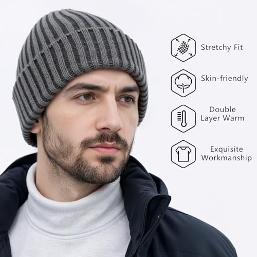 Winter Beanie Hat for Men and Women - Thick Thermal Plush Lined Knit Cap - Gray, White, Pink - One Size