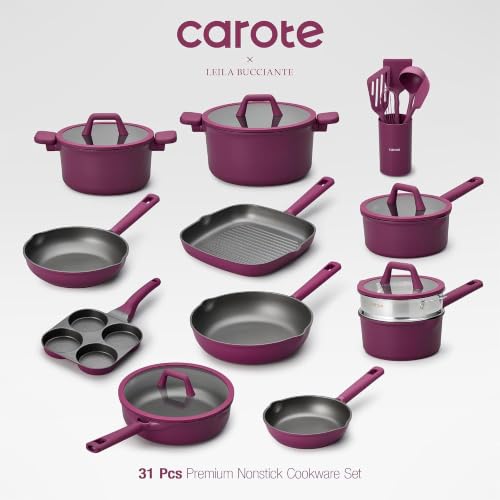 Purple 31-Piece Nonstick Cookware Set with Titanium Coating & Lids