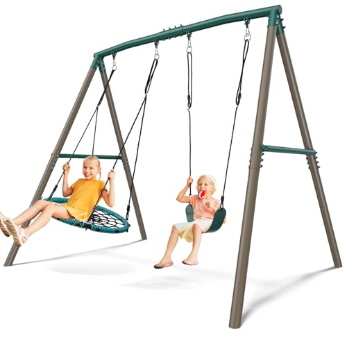 Hapfan 7.5ft Heavy Duty Metal Swing Set for Backyard - Green & Brown