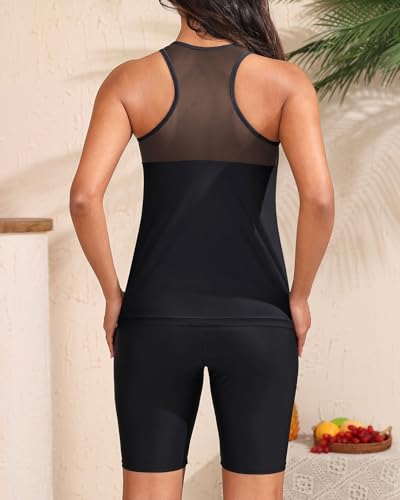 Large High Neck Black Two Piece Tankini Swimsuit with Shorts - Athletic Racerback Bathing Suit