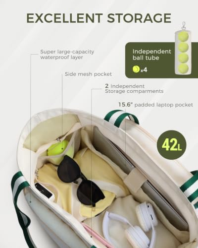 Beige-Green Tennis Tote Bag with Shoe Compartment & Wet Pocket - Movker