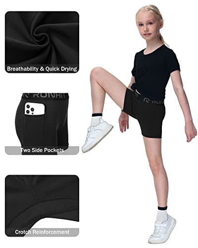Youth Girls Volleyball Shorts with Pockets - Medium, Black - Spandex Compression Biker Dance Gymnastics