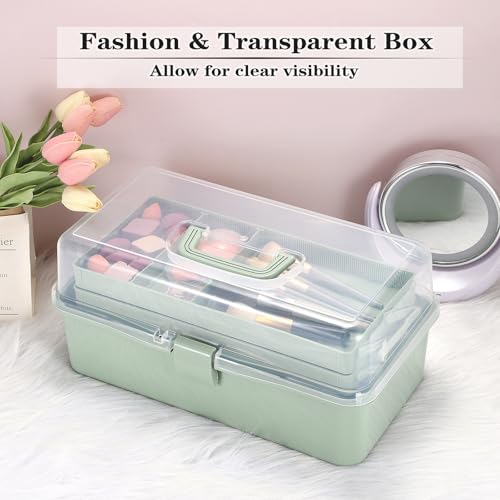 Green 15-Inch Extra Large Art & Craft Storage Box with 3-Layer Folding Trays