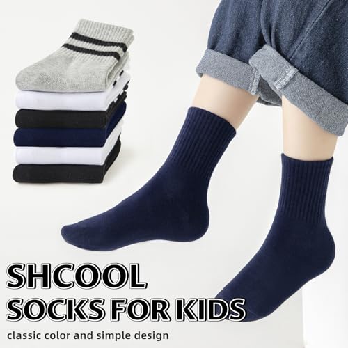 Kids Socks Boys Girls Athletic Crew Socks Seamless Toe Cotton 6 Pairs - Medium Navy