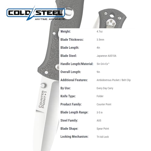 Cold Steel Counter Point 4-Inch Japanese AUS10A Razor-Sharp Folding Knife Silver & Black