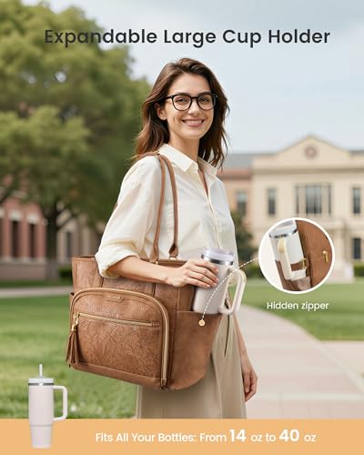 Yellow-Brown Embossed Leather Laptop Tote Bag for Women 17.3 Inch Waterproof Business Shoulder Bag with Cup Holder
