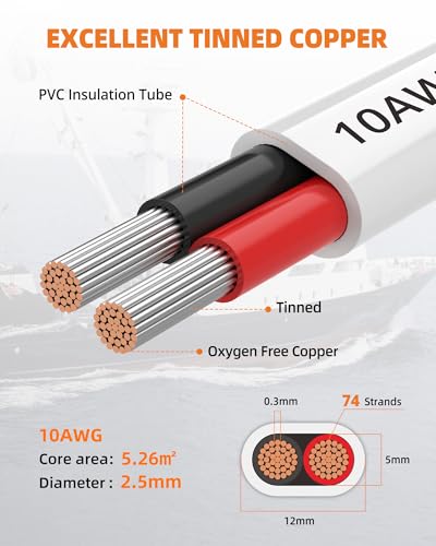 Marine Grade 10 Gauge Copper Wire 100FT - Waterproof, Tinned Copper Marine Cable