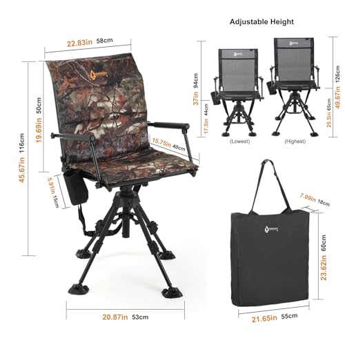 Camo Folding Hunting Blind Chair with 360° Swivel & Adjustable Armrests - Wide Mesh Seat