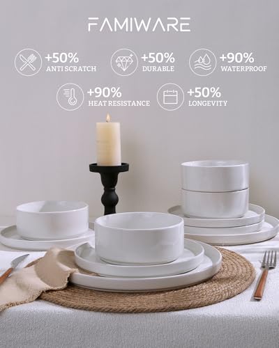 Famiware Nebula Dinnerware Set for 4 - White 12-Piece Dinner Plates, Salad Plates & Bowls