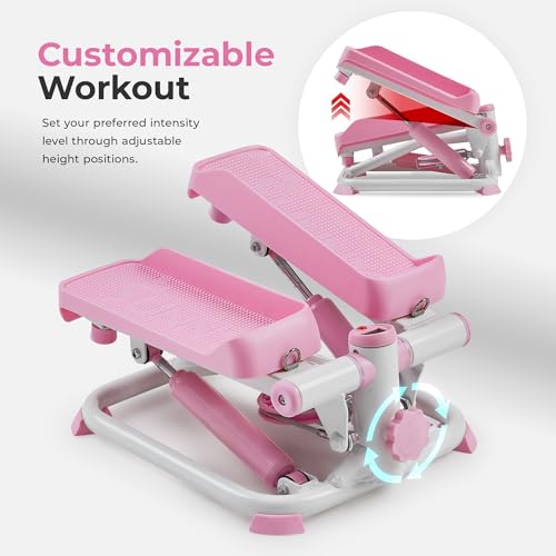 Pink Mini Stair Stepper with Resistance Bands for Home Workout - Sunny Health & Fitness