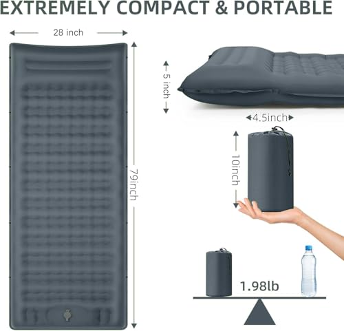 FNARMW Extra Thick Camping Sleeping Pad - 5 Inch Inflatable Mattress with Built-in Pillow & Foot Pump - Gray