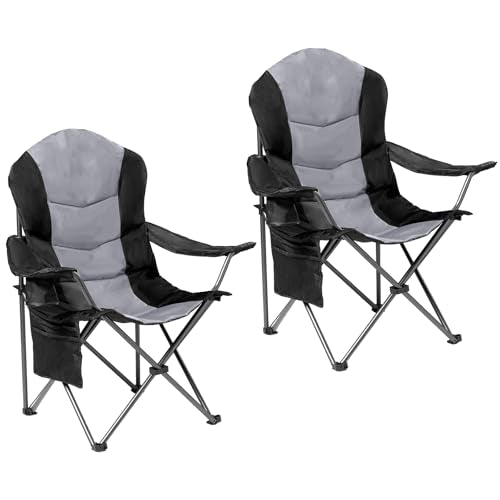 Foristrail 2-Pack Heavy Duty Folding Camping Chairs with Lumbar Support & Cup Holders, Black & Light Gray
