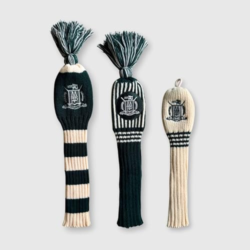 Wool Knit Golf Head Cover Set - Cream & Green for Drivers, Fairways & Hybrids
