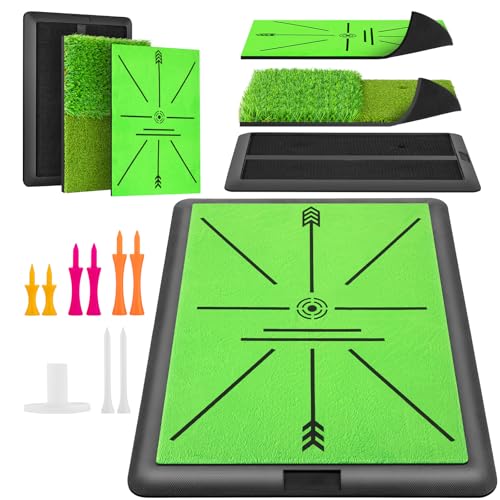 Golf Hitting Mat with Dual Turf and Track for Swing Feedback Practice - 16x12 Inches