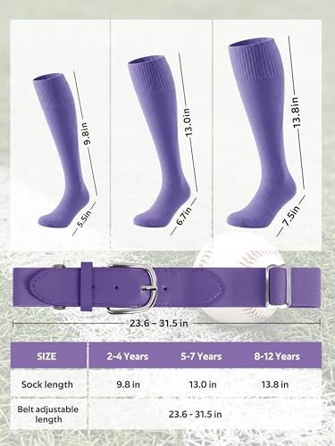 Youth Baseball Socks and Belt Set - Adjustable Softball & Football Accessories Purple 8-12 Years
