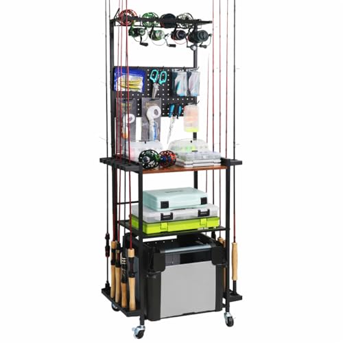 Heavy Duty 3-Tier Fishing Rod Storage Rack with Pegboard and Hooks