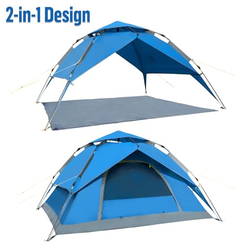 Blue Instant Pop-Up Tent for 2-3 Persons with Footprint, Waterproof, Easy Setup