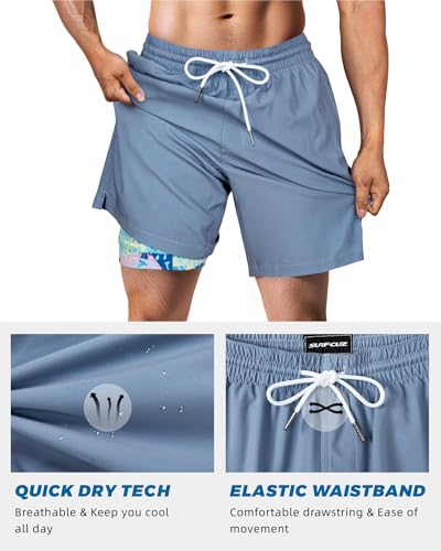 Men's Swim Trunks with Compression Liner - 7 Inch Stretch Swim Shorts, Quick Dry, Haze Blue, Large