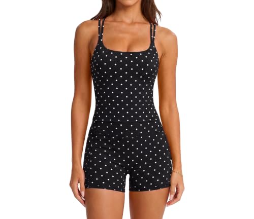 Women’s 2-Piece Workout Sets with Padded Yoga Tops & High-Waisted Biker Shorts - Black Polka Dots, Medium