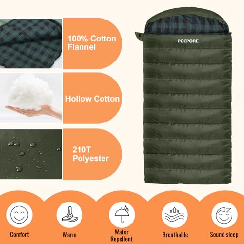Olive 90" x 39" XXL 0°F Winter Sleeping Bag - Flannel Cotton, Oversized for Adults, Camping & Cold Weather