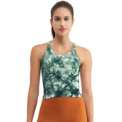 Seamless Ribbed Workout Racerback Tank Top with Built-in Bra for Women