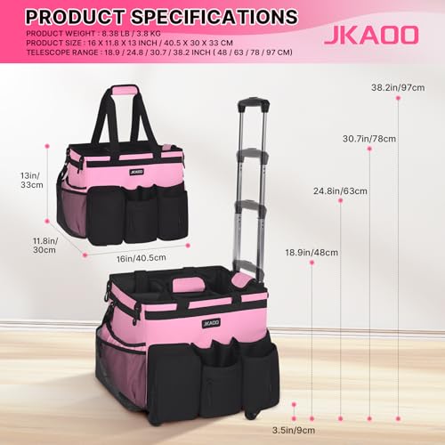 JKAOO Large Pink Rolling Cleaning Caddy Bag with Detachable Trolley - 16 x 11.8 x 13 inches
