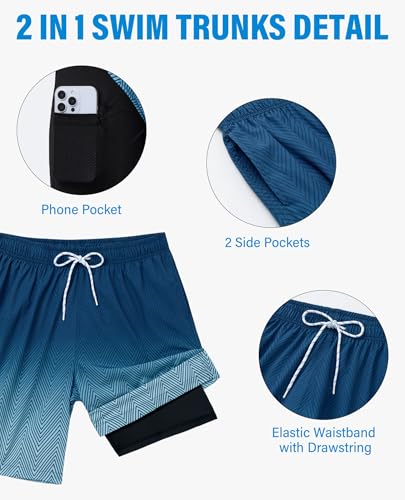 Men's 9 Inch Swim Trunks with Compression Liner - Large Blue Stripe Gradient