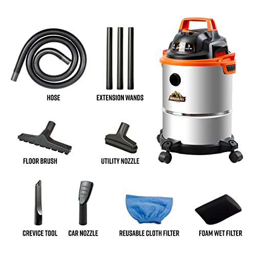 4-Gallon Wet Dry Vacuum with 3 Peak HP Stainless Steel Tank, Portable & Multi-Use
