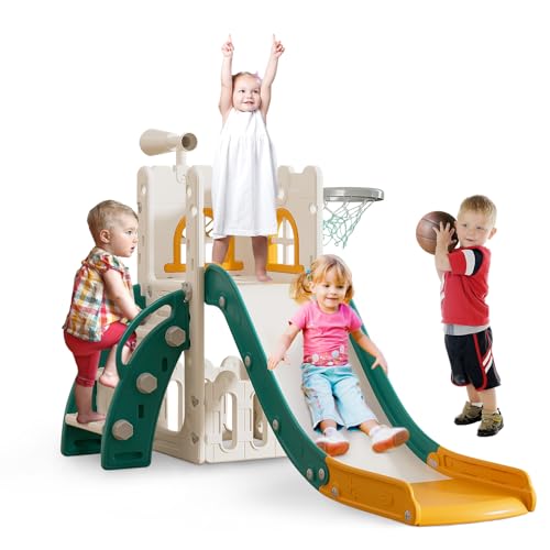 Toddler Indoor Slide with Climber Basketball Hoop and Storage - Wider & Longer