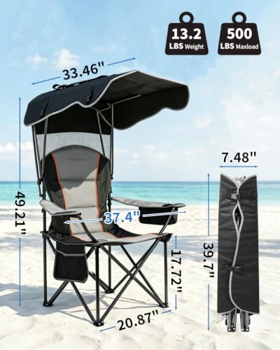 HOPERAN Camping Chair with Canopy & Cooler - Black, 500lbs Capacity, Portable
