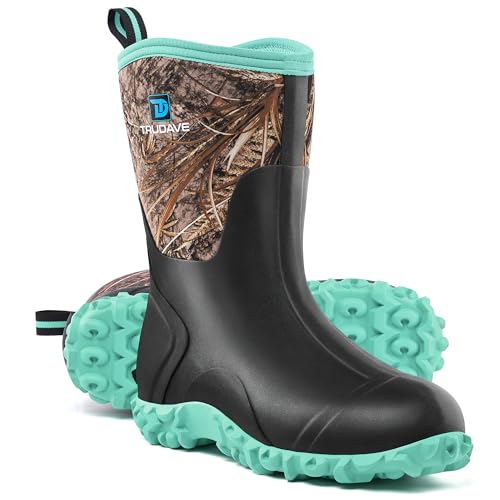 Women’s Rubber Rain Boots with Steel Shank - Neoprene Mid Calf Waterproof Mud Boots - Green, Size 5-11, All Season